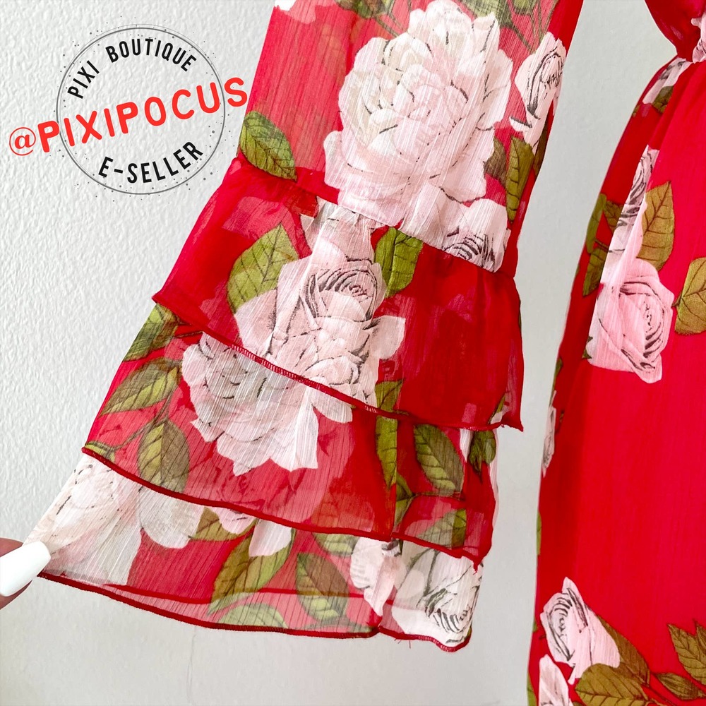ZARA FLOWY RUFFLE TRIM LONG DRESS WITH TIE ROSE PRINT RED - Picture 9 of 16